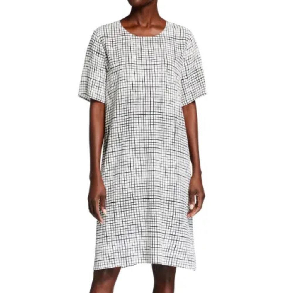 Eileen Fisher Dress Windowpane Grid Check Crepe Relaxed Boxy Black White Size L